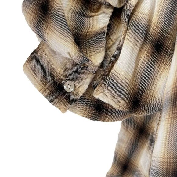 PISTOLA Ariella Plaid Button Up Puff 3/4 Sleeve Shirt Large Defined Shoulder Tan - Picture 5 of 8